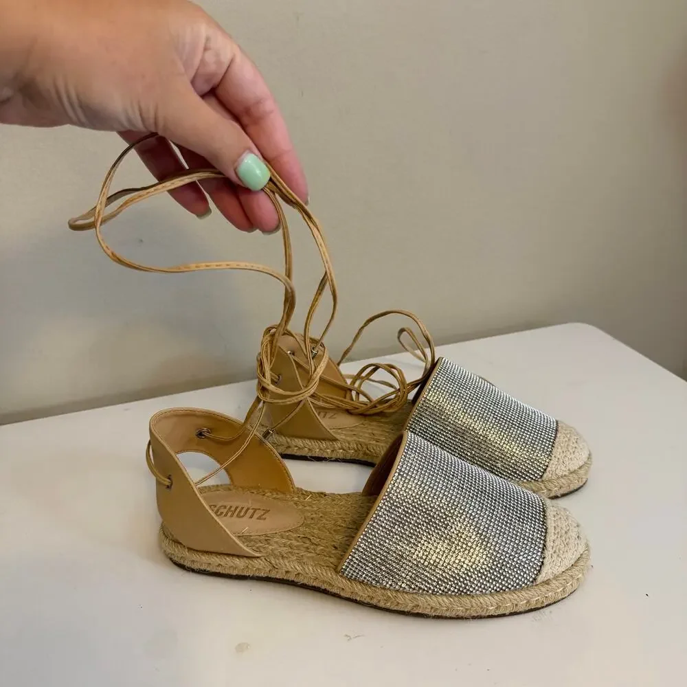 Schutz Crystal Lace-Up Espadrilles 7B Tan Silver Rhinestone Summer Flat Resort